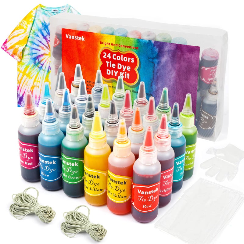 Vanstek Tie Dye Kit, 24 Colors Tie Dye Shirt DIY Fabric Dye for Women, Kids, Men, with Rubber Bands, Gloves, Plastic Film and Table Covers for Family Friends Group Party Supplies - Image 1